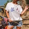 Women's White Sequin USA Graphic Crew Neck Tee - Patriotic Summer Top - Image 3