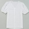 Women's Elegant White Lace Puff Sleeve V Neck Button Up Blouse - Image 8