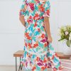 Women's Rose Red Floral Knot Puff Sleeve V Neck Buttoned Front Split Lace Maxi Dress - Image 2