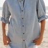 Women's Beau Blue Ruffle Short Puff Sleeve Chambray Shirt - Vintage Style - Image 9