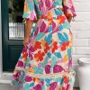 Women's Rose Red Floral Knot Puff Sleeve V Neck Buttoned Front Split Lace Maxi Dress - Image 10