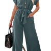 Women's Blue Dolman Sleeve Button Belted V Neck Wide Leg Jumpsuit with Pockets - Image 15