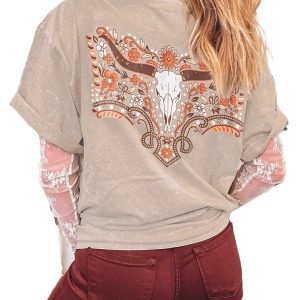 Women's Smoke Gray Mineral Wash Western Graphic Tee with Steer Head Print