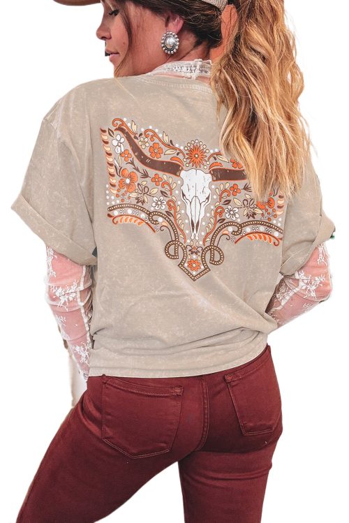 Women's Smoke Gray Mineral Wash Western Graphic Tee with Steer Head Print