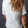 Women's White Textured Hollow Grommet Placket Split Neck Short Sleeve Top - Image 2
