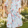 Women's Sky Blue Stripe Floral Ruffle Mini Dress with Belt - Image 10