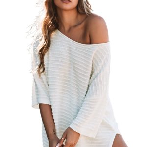 Women's Beige Textured Knit Short Sleeve Sweater - Versatile One Shoulder Style