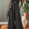 Women's Black Front Cut Out Smocked Back Sleeveless Wide Leg Jumpsuit - Image 3