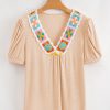 Women's Pale Chestnut Crochet Floral V Neck Textured Short Sleeve Blouse - Image 4