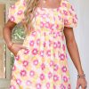 Women's Rose Vibrant Floral Square Neck Puff Sleeve Pleated Flared Midi Dress for Summer - Image 9
