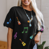 Women's Black Oversized Graphic Tee with Guitar Music Notes Patch - Image 8