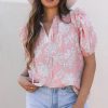 Chic Pink Floral Print Drawstring V Neck Puff Sleeve Blouse for Women - Image 4