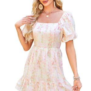 Women's Pink Floral Puff Sleeve Mini Dress with Square Neck and Open Back