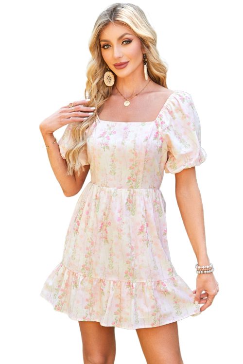 Women's Pink Floral Puff Sleeve Mini Dress with Square Neck and Open Back
