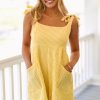Women's Bright Yellow Stripe Shoulder Tie Smocked Back Wide Leg Casual Romper - Image 3