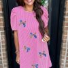 Bright Pink Sequin Bow Spiral Ribbed Puff Sleeve T-Shirt Dress with Flag Pattern - Image 6