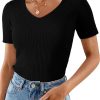 Women's Black V Neck Ribbed Knit Short Sleeve Sweater - Lightweight & Comfortable - Image 7
