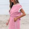 Women's Pink Contrast Trim Textured Crewneck Tee and Pocketed Skirt Set - Image 3