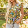 Women's Yellow Floral Print V Neck Top with Tiered Flutter Sleeves - Image 4