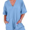 Women's Myosotis Blue Loose Half Sleeve V Neck Knit Romper with Pockets - Image 5