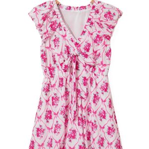 Women's Multicolour Floral Print V Neck Mini Dress with Bow Knot Detail