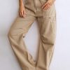 Women's Khaki High Waist Straight Leg Cargo Pants with Pockets - Image 3