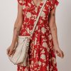 Women's Red Floral Print Midi Dress - Buttoned Front V Neck with Tiered Short Sleeves - Image 2