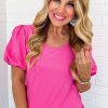 Stylish Strawberry Pink Casual Round Neck Bubble Sleeve T-Shirt for Women - Image 3