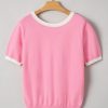 Women's Bonbon Colorblock Short Sleeve Sweater with Bow Applique and V-Shape Cut Back - Image 9