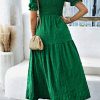 Women's Dark Green Textured Smocked Puff Short Sleeve High Waist Long Dress - Image 3