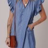 Women's Sky Blue Stripe Frilly Split Neck Shirred Ruffle Sleeve Mini Dress - Image 3