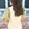 Women's Beige Contrast Floral Bubble Sleeve Patchwork Ribbed Top - Chic & Elegant - Image 10
