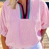 Women's Sachet Pink Striped Print Contrast Split Neck Dolman Sleeve Blouse - Image 2