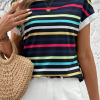 Women's Black Stripe Multicolor Contrast Edge Crew Neck T-Shirt - Image 6