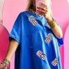Women's Blue Sequined American Flag Oversized Graphic Tee for Independence Day - Image 3