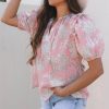 Chic Pink Floral Print Drawstring V Neck Puff Sleeve Blouse for Women - Image 3