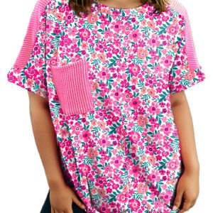 Plus Size Women's Pink Floral Print Corded Patchwork Loose Top
