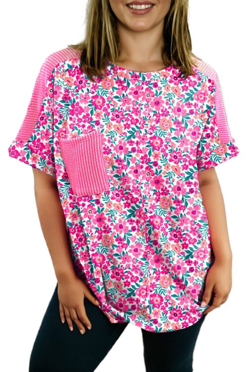 Plus Size Women's Pink Floral Print Corded Patchwork Loose Top