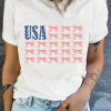 Women's White USA Flag Bow Knot Print Round Neck T-Shirt - Image 8