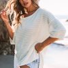 Women's Beige Textured Knit Short Sleeve Sweater - Versatile One Shoulder Style - Image 3