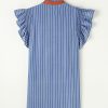 Women's Sky Blue Stripe Frilly Split Neck Shirred Ruffle Sleeve Mini Dress - Image 9