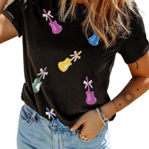 Women's Black Sequined Bow Graphic Tee - Perfect for Country Music Festivals