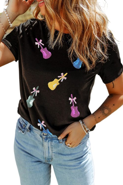 Women's Black Sequined Bow Graphic Tee - Perfect for Country Music Festivals