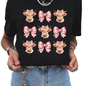 Women's Black Cow with Bow Graphic Crewneck Western Tee - Casual Summer Top