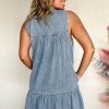 Women's Real Teal Bowknot Neck Sleeveless Ruffled Chambray Mini Dress - Image 2