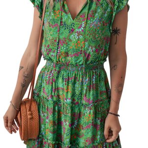 Women's Vibrant Green Floral Tie Split Neck Ruffled Tiered Short Dress
