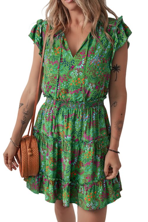 Women's Vibrant Green Floral Tie Split Neck Ruffled Tiered Short Dress