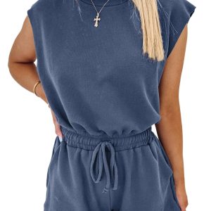 Women's Ashleigh Blue Knit Open Back Cap Sleeve Drawstring Romper for Casual Summer Style
