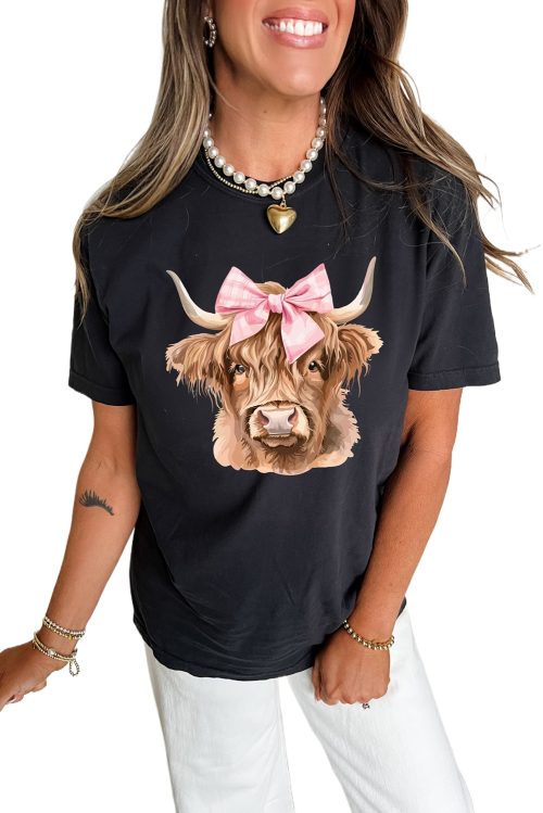 Unisex Black Cow Head Graphic T-Shirt with Bow Detail - Western Fashion Style