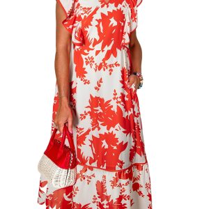 Elegant Red Floral Print Trimmed V Neck Ruffle Sleeve Long Dress for Women